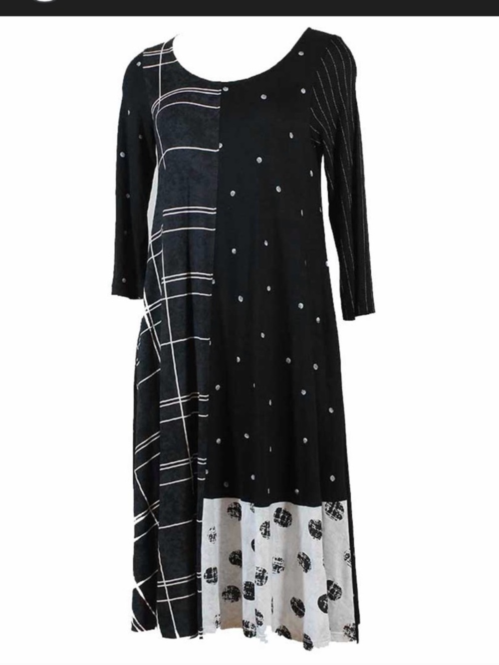 Black Mixed-Print Long Sleeve Midi Dress